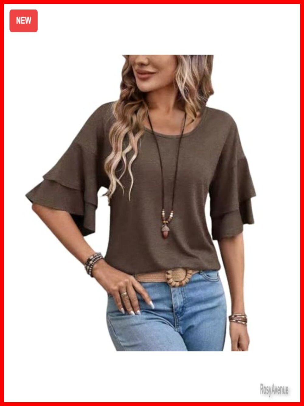 Womens Crew Neck Double Ruffle Short Sleeve T-Shirt Casual Tunic Top